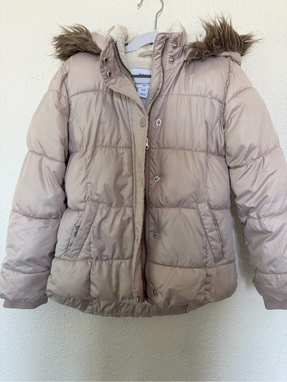 Old navy Girls' Light rose Puffer Jacket with Faux Fur Hood